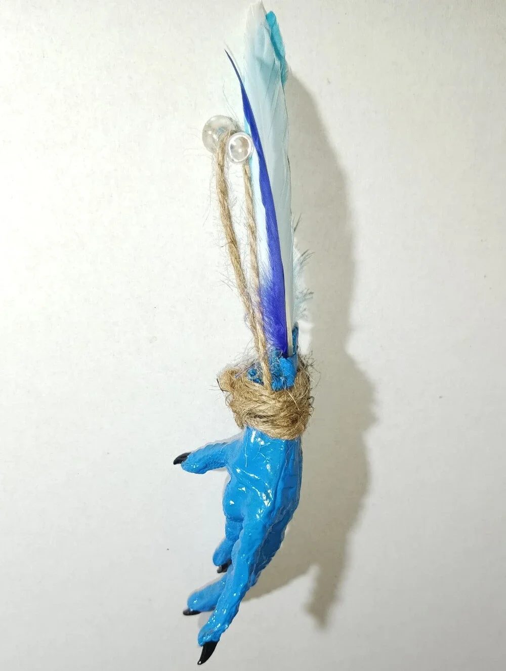 Blue Chicken Foot Amulet | Handcrafted Folk Art Talisman | Feather Curio